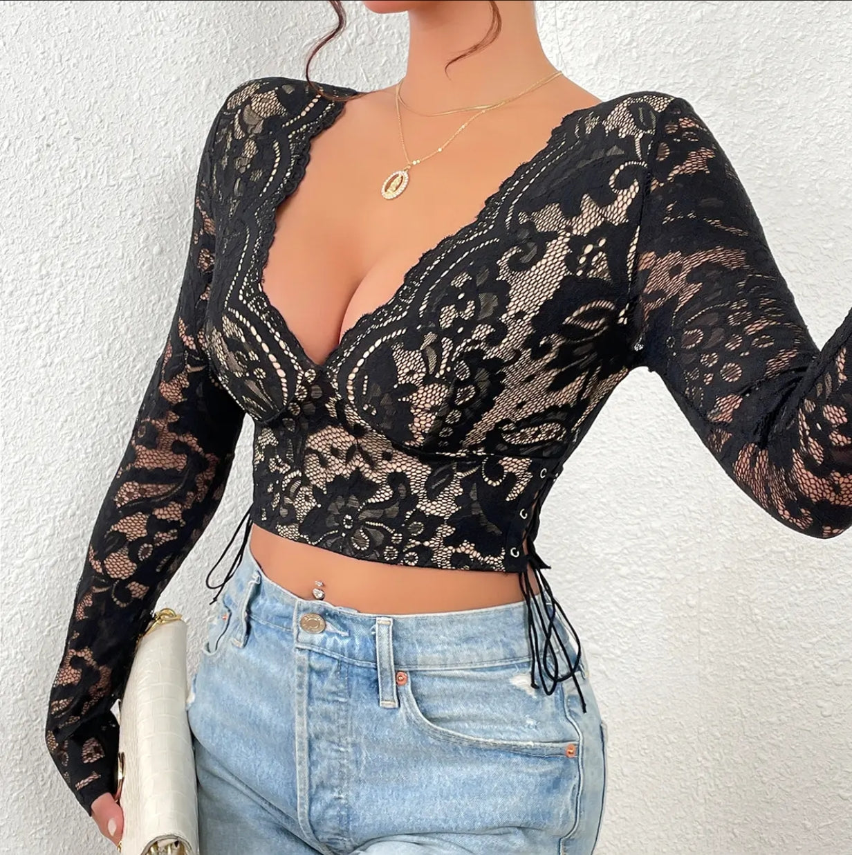 V NECK LONG SLEEVE CORSET TOP