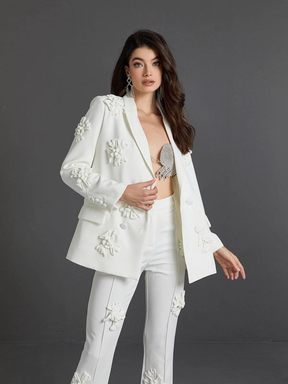 Jacquard White Blazer Set